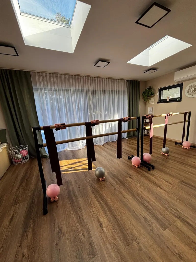Barre štúdio s dvoma baletnými tyčami, ružovými loptičkami a gumami pod strešnými oknami